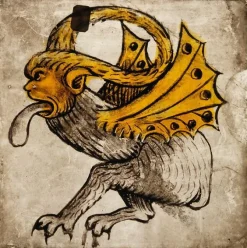 Animal fantastique tirant la langue, à pattes de quadrupède, tête et ailes de dragon (panneaux aluminium)