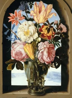 Bouquet de fleurs dans une armature de pierre s'ouvrant sur un paysage (panneaux aluminium)