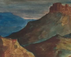 Château fort sur une éminence, et au 1er plan, deux personnages sur une colline (panneaux acryliques)