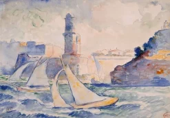 Entrée d'un port (Antibes) avec au premier plan deux voiliers et à l'arrière plan un phare (panneaux aluminium) Panneaux Aluminium|Panneaux Acryliques
