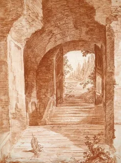 Escalier franchissant une porte sous l'arc d'une construction antique (panneaux acryliques) Panneaux Acryliques|Toiles Encadrées