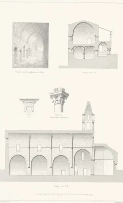 Estampe Coupes et Détails de l'Abbaye de Thoronet, Claude Sauvageot