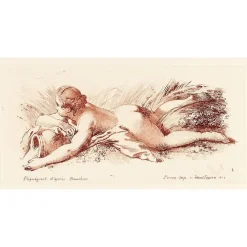 Estampe Femme nue couchée sur le ventre tenant un vase