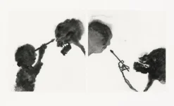 Estampe L'Amour et la Mort, Cupidon, l'enfant dieu de l'amour, au lieu de tirer des flèches, tient un pinceau et dessine la mort. La mort à son tour dessine l'enfant Créations Contemporaines