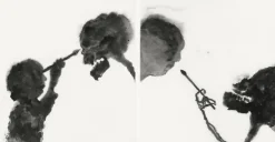 Estampe L'Amour et la Mort, Cupidon, l'enfant dieu de l'amour, au lieu de tirer des flèches, tient un pinceau et dessine la mort. La mort à son tour dessine l'enfant Créations Contemporaines