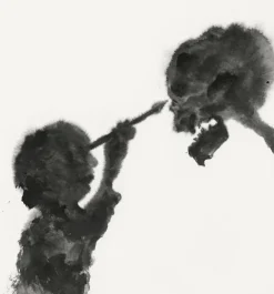 Estampe L'Amour et la Mort, Cupidon, l'enfant dieu de l'amour, au lieu de tirer des flèches, tient un pinceau et dessine la mort. La mort à son tour dessine l'enfant Créations Contemporaines
