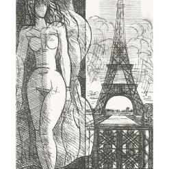 Outlet Estampe Nu à la tour Eiffel - Marcel Gromaire 1952 Paris Et Le Louvre|Art Moderne