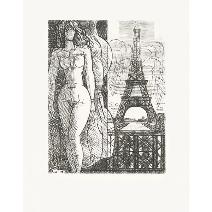 Outlet Estampe Nu à la tour Eiffel - Marcel Gromaire 1952 Paris Et Le Louvre|Art Moderne