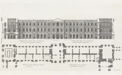 Hot Estampe Plan et élévation du côté du Louvre qui regarde la rivière, vue de la cour à gauche en entrant - Jean Marot Paris Et Le Louvre