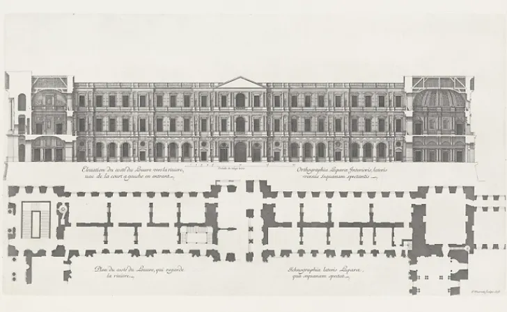 Hot Estampe Plan et élévation du côté du Louvre qui regarde la rivière, vue de la cour à gauche en entrant - Jean Marot Paris Et Le Louvre