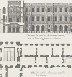 Hot Estampe Plan et élévation du côté du Louvre qui regarde la rivière, vue de la cour à gauche en entrant - Jean Marot Paris Et Le Louvre
