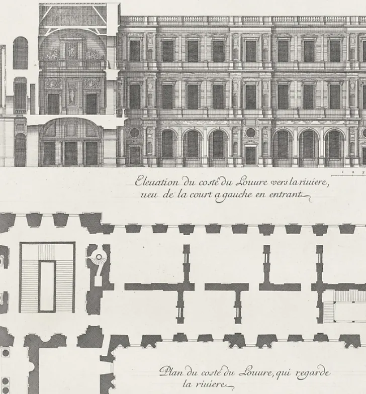 Hot Estampe Plan et élévation du côté du Louvre qui regarde la rivière, vue de la cour à gauche en entrant - Jean Marot Paris Et Le Louvre