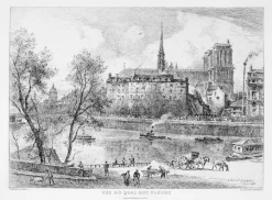 Estampe Vue du quai aux fleurs en 1880 - Alfred-Louis Brunet-Debaines