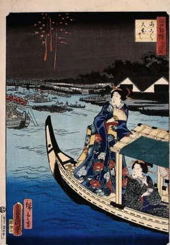 Femme dans une barque durant une fête (panneaux aluminium)