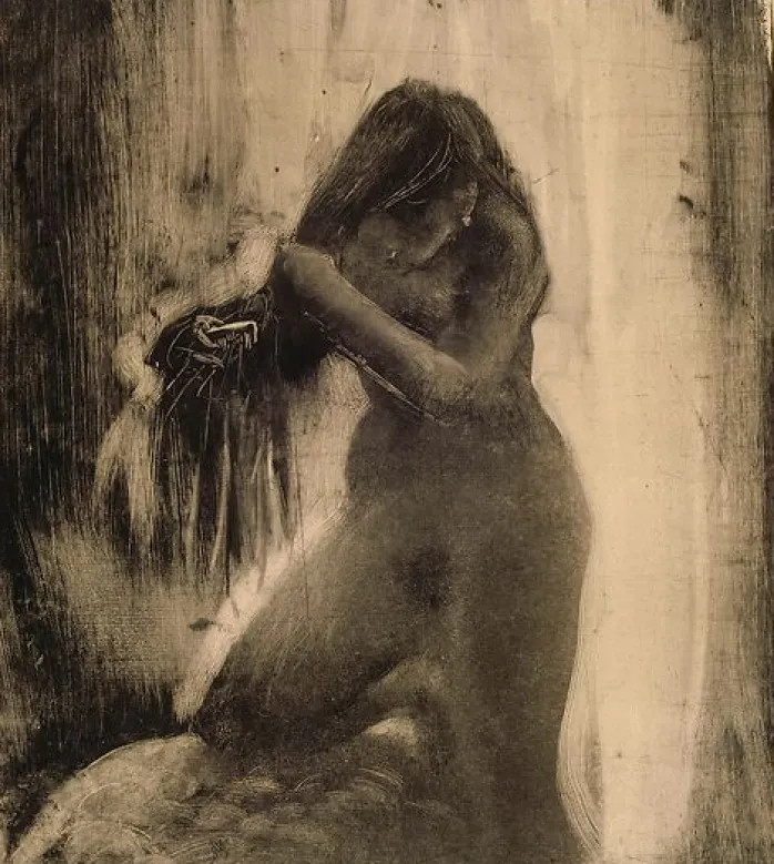Femme, nue, se coiffant (panneaux aluminium)