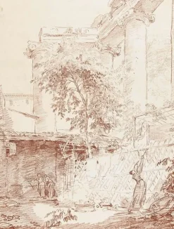 Femme étendant du linge, dans une cour (toiles encadrées)