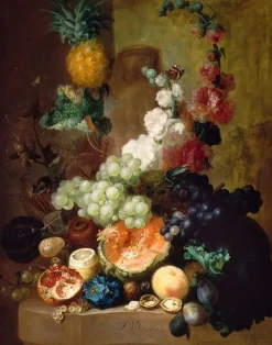 Fleurs et fruits sur une corniche de pierre (toiles encadrées)