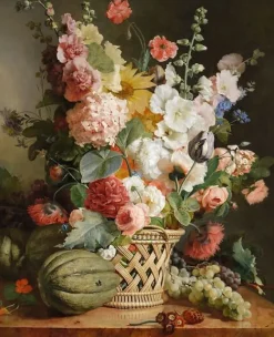 Fruits et fleurs dans une corbeille d’osier (affiches d'art)