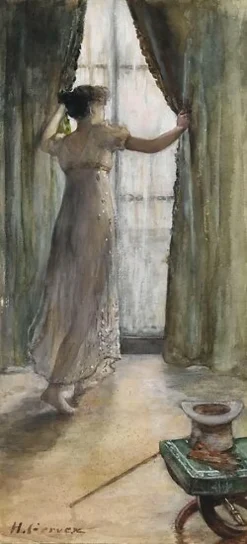 Jeune femme debout, vue de dos, devant une fenêtre (panneaux aluminium)
