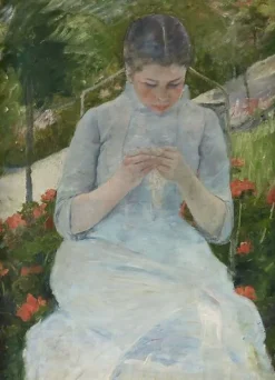 Jeune fille au jardin, dit aussi Femme cousant dans un jardin (toiles encadrées)