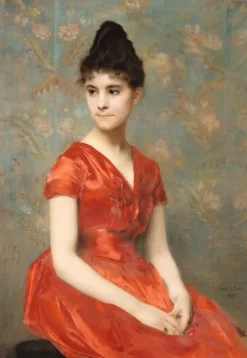 Sale Jeune fille en robe rouge sur fond de fleurs (panneaux acryliques) Panneaux Acryliques|Toiles Encadrées