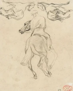 Jockey à cheval, vu de dos, et deux chevaux (toiles sur châssis)