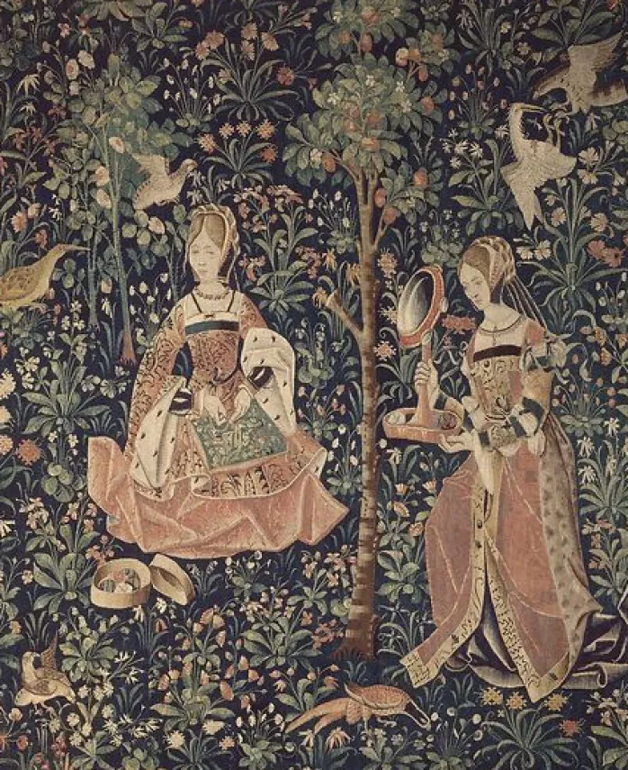 La tenture de la Vie Seigneuriale : La Broderie I/II (toiles encadrées)