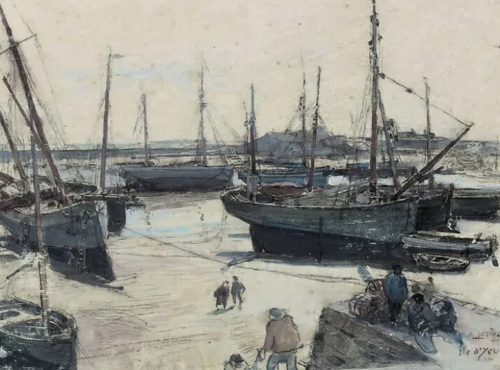 Clearance Navires de pêche échoués sur la grève, avec plusieurs marins sur une jetée (panneaux acryliques) Panneaux Acryliques|Toiles Encadrées