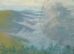 Paysage de montagne avec sapins au premier plan et brume (panneaux acryliques)