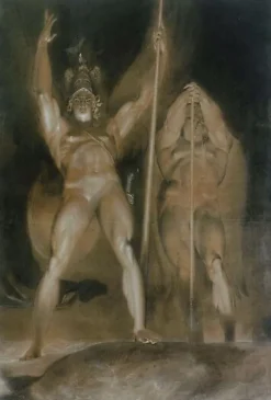 Satan et Belzébuth debout, de face, domiant des nuées enflammées (panneaux aluminium)
