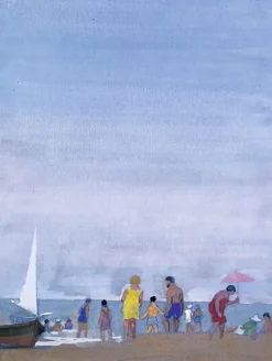 Scène de plage avec bateau de pêche échoué, le matin (panneaux aluminium)