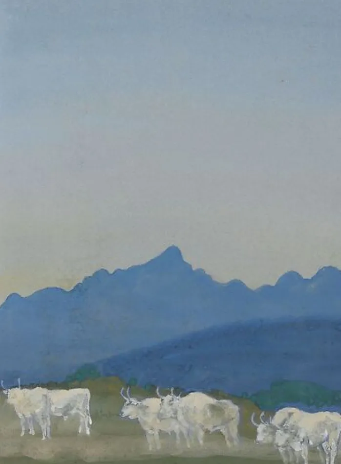 Trois couples de taureaux blancs sur fond de montagnes (panneaux aluminium)