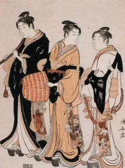 Trois jeunes femmes déguisées en Komuso (ménestrel ambulant) (panneaux aluminium)