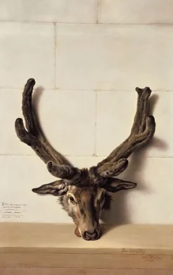 Tête de cerf bizarre sur un mur de pierre, signé et daté en bas à droite (panneaux aluminium)