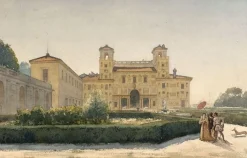 Villa Médicis : vue générale avec des personnages en costume Renaissance (panneaux aluminium)