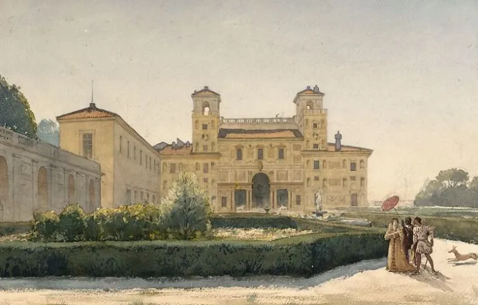 Villa Médicis : vue générale avec des personnages en costume Renaissance (panneaux aluminium)